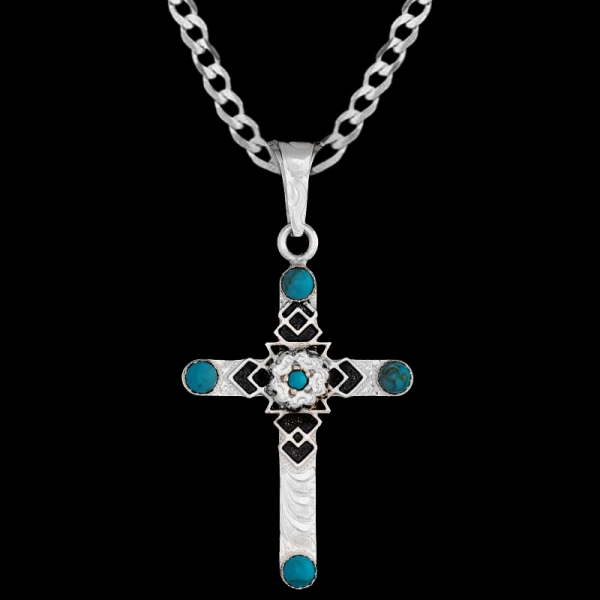 Our Timothy Cross Pendant Necklaces features silver and turquoise details with black enamel accents. Pair it with a special discount sterling silver chain today!

 